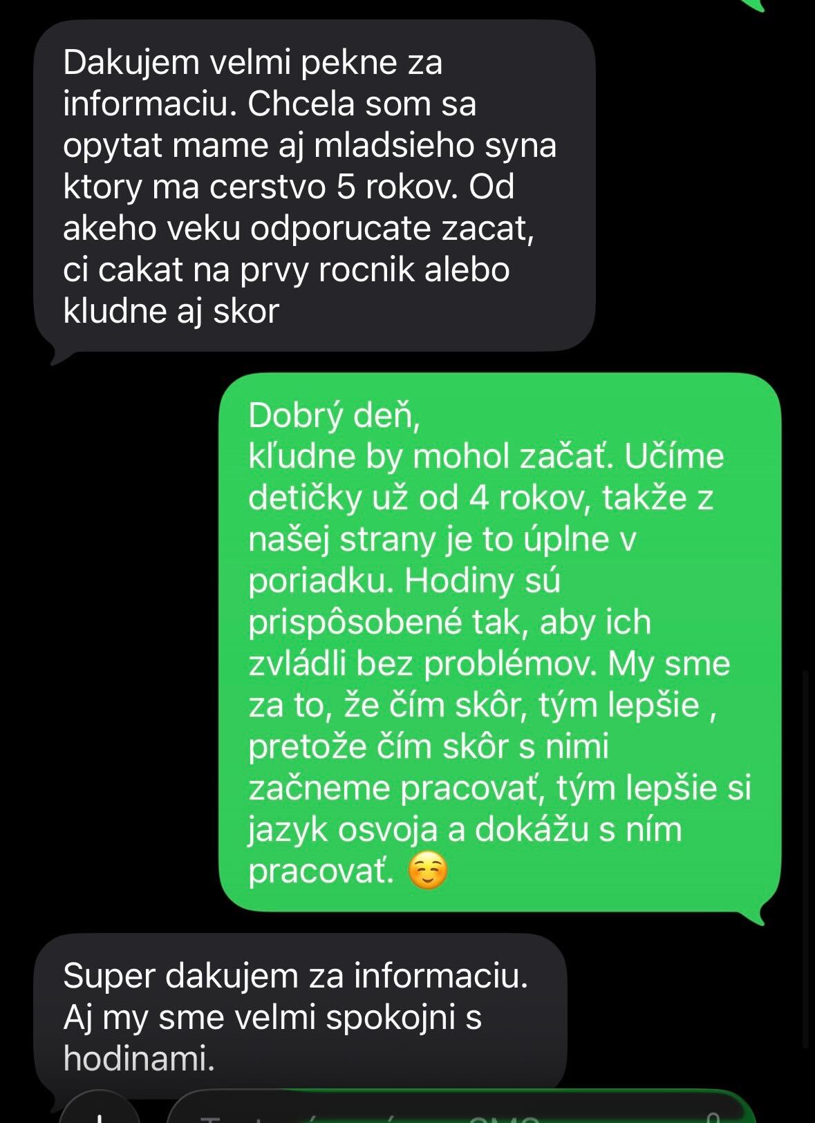 SMS správa od rodiča o Betty’s Academy