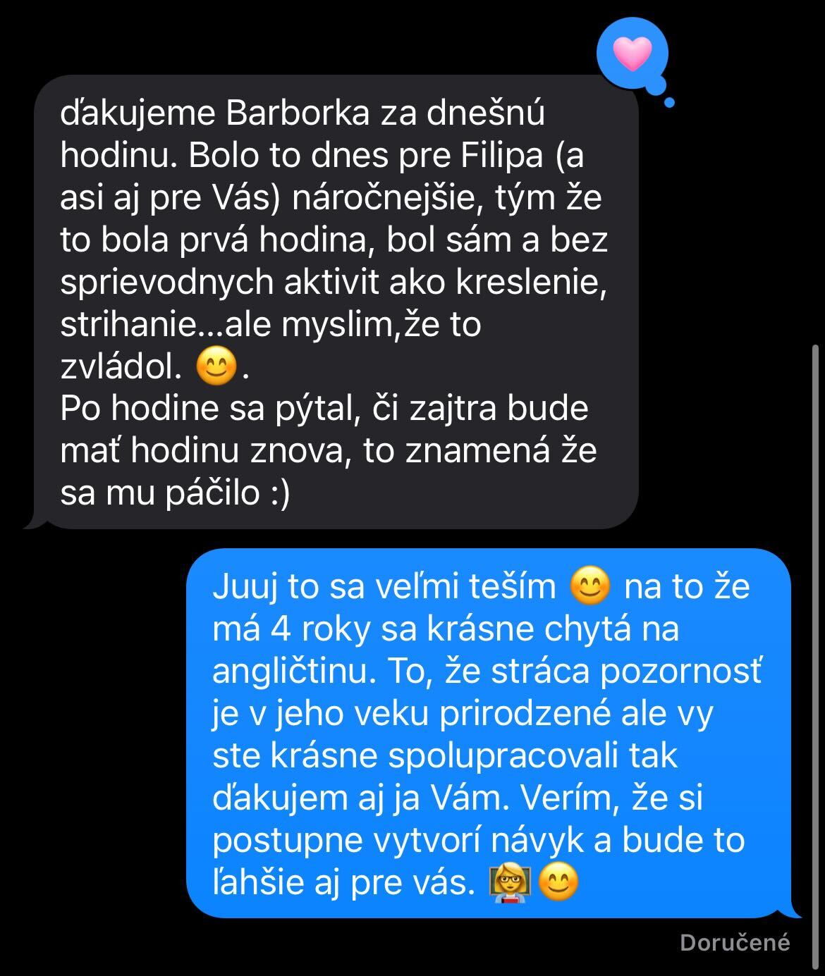 SMS recenzia od rodiča o Betty’s Academy