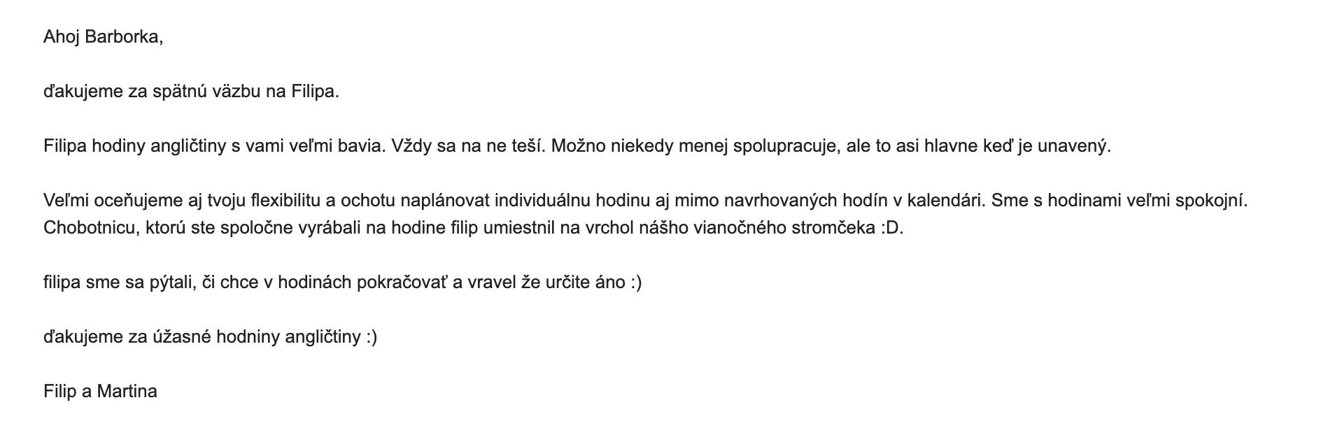 Email recenzia od rodiča s pochvalou Betty’s Academy