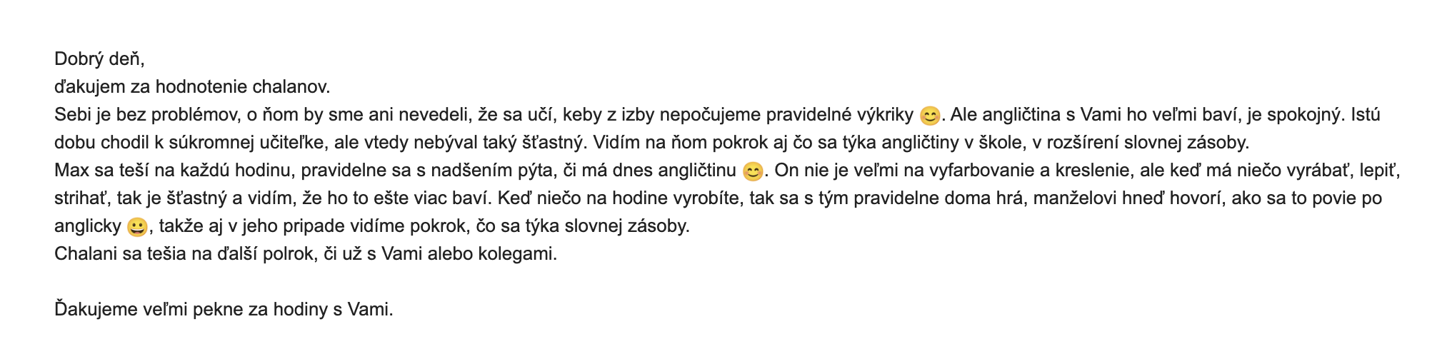 Email recenzia od rodiča na Betty’s Academy