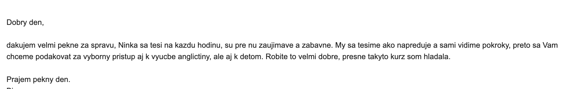 Email recenzia od rodiča s pochvalou Betty’s Academy
